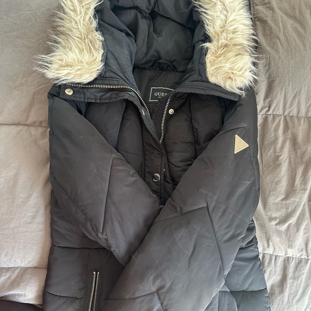 Guess Quilted Black Puffer with Faux Fur Trim
